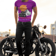 Stylish purple biker tee with a unique motorcycle-themed print. (M)
