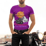 Purple adventure motorcycle T-shirt with a bold biker-inspired design. (S)