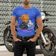 A bold royal blue biker graphic T-shirt featuring an adventurous motorcycle design. (XS)