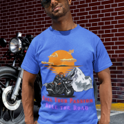 Eye-catching royal blue motorcycle adventure tee, perfect for passionate riders. (L)
