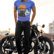 Stylish royal blue biker tee with a premium cotton fabric and graphic print. (M)