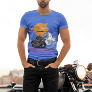 Royal blue adventure motorcycle T-shirt with a unique biker-themed print. (S)