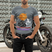 A bold biker graphic T-shirt in steel grey, featuring an adventurous motorcycle design for riders. (XS)