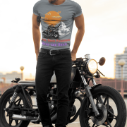 Premium steel grey biker T-shirt, crafted from soft cotton with a bold motorcycle graphic. (M)