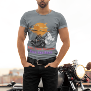 Stylish steel grey adventure motorcycle tee with a striking biker-themed print. (S)