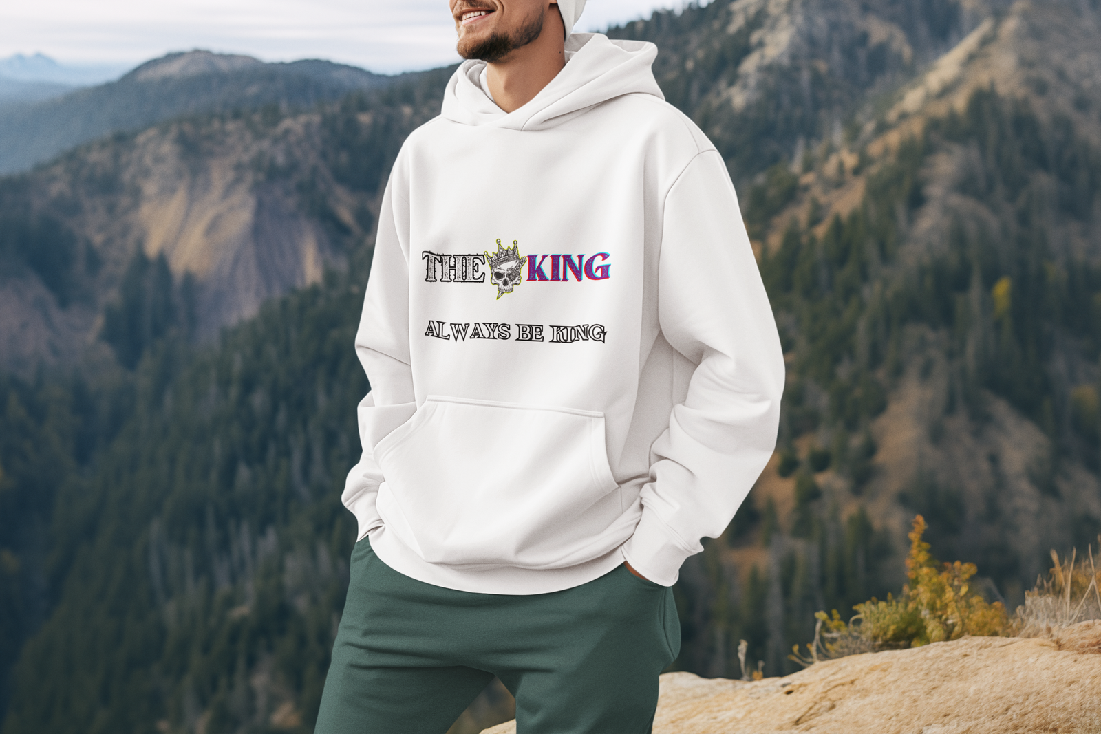 Bold King Reigns Hoodie – White Men's Hoodie with Crowned Skull Graphic & Motivational 'Always Be King' Quote | Premium Streetwear, Cozy Fit | PodLyft