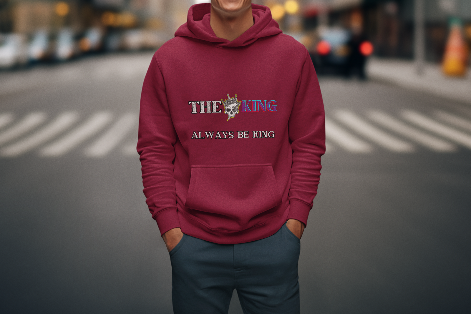 Bold King Reigns Hoodie – Maroon Men's Hoodie with Crowned Skull Graphic & 'Always Be King' Quote | Premium Streetwear for Confident Style | PodLyft