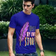 A sophisticated navy blue Write Your Story Tee designed for those who write their destiny. Showcasing a feather quill and bold text. High-quality cotton by PodLyft.