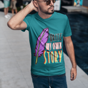 A striking petrol blue Write Your Story Tee with a bold quill graphic and an empowering message. Designed for those who carve their own paths. Premium fabric by PodLyft.