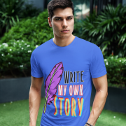 A striking royal blue Write Your Story Tee with an inspiring feather quill and powerful message. Crafted for those who dream big and take action. Quality cotton by PodLyft.