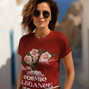 Cosmic Elegance T-shirt in maroon, featuring a dreamy floral art design of blooming roses and clouds. A bold and elegant style statement. Available at PodLyft.