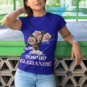 Cosmic Elegance T-shirt in navy blue, adorned with a captivating floral art design of roses and clouds. A timeless and elegant choice. Available at PodLyft.