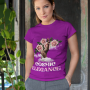 Cosmic Elegance T-shirt in purple, showcasing a stunning floral art design with blooming roses and soft clouds. A regal and artistic touch to your wardrobe. Available at PodLyft.