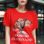 Cosmic Elegance T-shirt in red, featuring a dreamy floral art design with blooming roses and clouds. A striking and stylish look. Available at PodLyft.