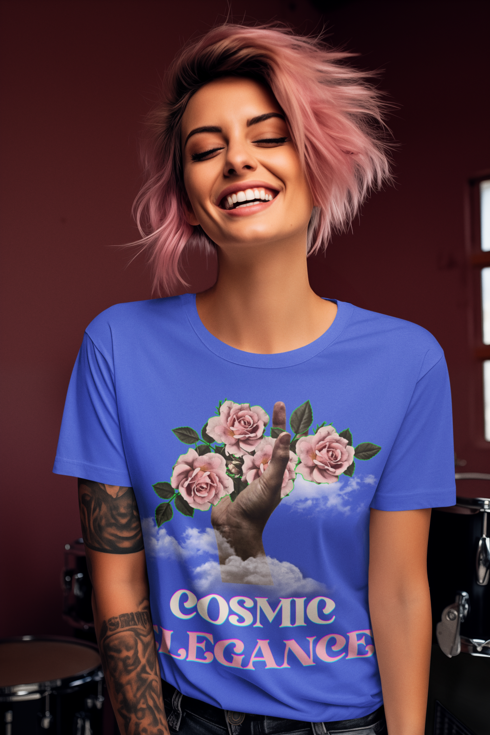 Cosmic Elegance T-shirt in royal blue, adorned with an enchanting floral art design of roses and clouds. A bold and stylish fashion statement. Available at PodLyft.