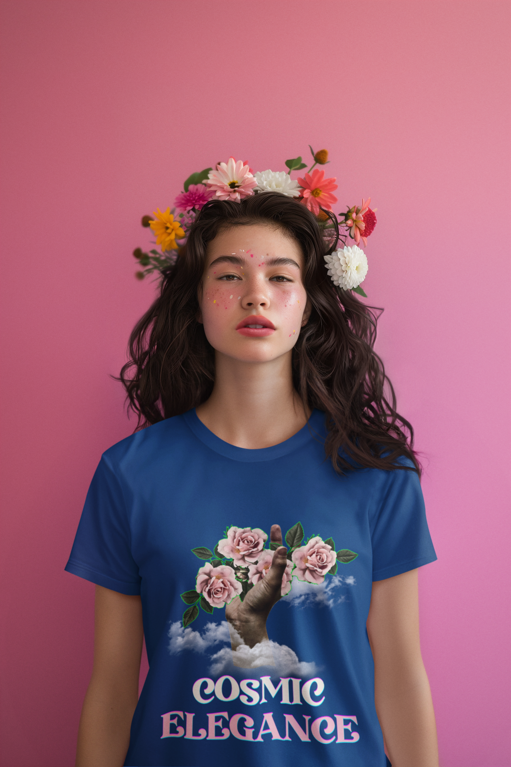 A stylish model wearing the Cosmic Elegance t-shirt in royal blue, featuring a dreamy floral art design with a surreal hand emerging from clouds, holding blooming pink roses. She is adorned with a delicate floral crown, and her face is decorated with soft pink speckles, enhancing the ethereal aesthetic. Set against a pink gradient background, the image exudes artistic charm and elegance.
