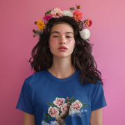 A stylish model wearing the Cosmic Elegance t-shirt in royal blue, featuring a dreamy floral art design with a surreal hand emerging from clouds, holding blooming pink roses. She is adorned with a delicate floral crown, and her face is decorated with soft pink speckles, enhancing the ethereal aesthetic. Set against a pink gradient background, the image exudes artistic charm and elegance.