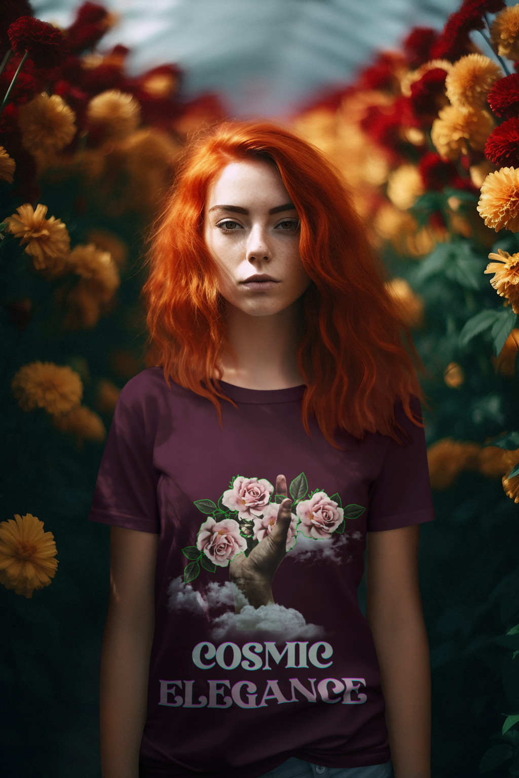 A striking model with fiery red hair wears the Cosmic Elegance t-shirt in deep burgundy, featuring a surreal design of a hand emerging from clouds, holding delicate pink roses. She stands in a breathtaking floral tunnel filled with vibrant red and golden flowers, creating a dreamy, enchanting atmosphere that perfectly complements the ethereal aesthetic of the shirt.