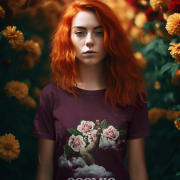 A striking model with fiery red hair wears the Cosmic Elegance t-shirt in deep burgundy, featuring a surreal design of a hand emerging from clouds, holding delicate pink roses. She stands in a breathtaking floral tunnel filled with vibrant red and golden flowers, creating a dreamy, enchanting atmosphere that perfectly complements the ethereal aesthetic of the shirt.