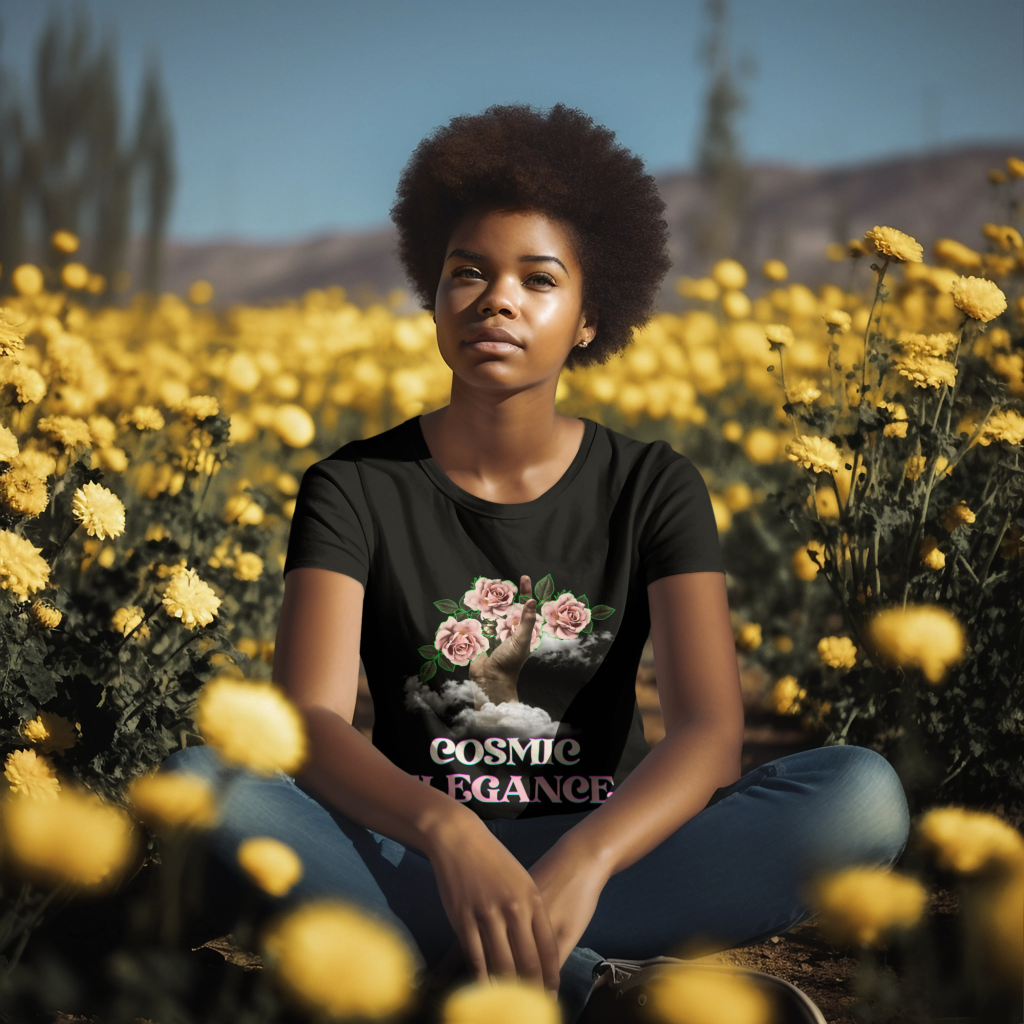 A confident model sits gracefully in a vast field of golden flowers, wearing the Cosmic Elegance t-shirt in classic black. The dreamy floral design, featuring a mystical hand emerging from clouds and holding pink roses, harmonizes beautifully with the sunlit natural scenery, creating a serene yet striking visual contrast.