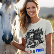 Beige Cowgirl graphic t-shirt with a subtle yet powerful 'Wild & Free' design. A great addition to Western-themed wardrobes. Available at PodLyft.