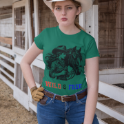 Bottle green Cowgirl graphic t-shirt with a unique 'Wild & Free' print. Perfect for those who love country-style fashion. Available at PodLyft.