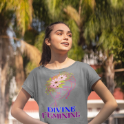 Model styled in a classic grey 'Divine Feminine' T-shirt, adorned with a delicate floral line-art design. A chic and versatile wardrobe essential, available at PodLyft.