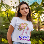 Model wearing a charming lavender 'Divine Feminine' T-shirt, featuring an artistic floral line-art print. A dreamy and graceful style statement, available at PodLyft.