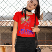 Model wearing a striking red 'Divine Feminine' T-shirt with an intricate floral line-art design. A powerful and confident fashion statement, available at PodLyft.