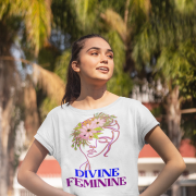 Woman styled in a crisp white 'Divine Feminine' T-shirt, decorated with a delicate floral line-art design. A fresh and timeless fashion staple, available at PodLyft.