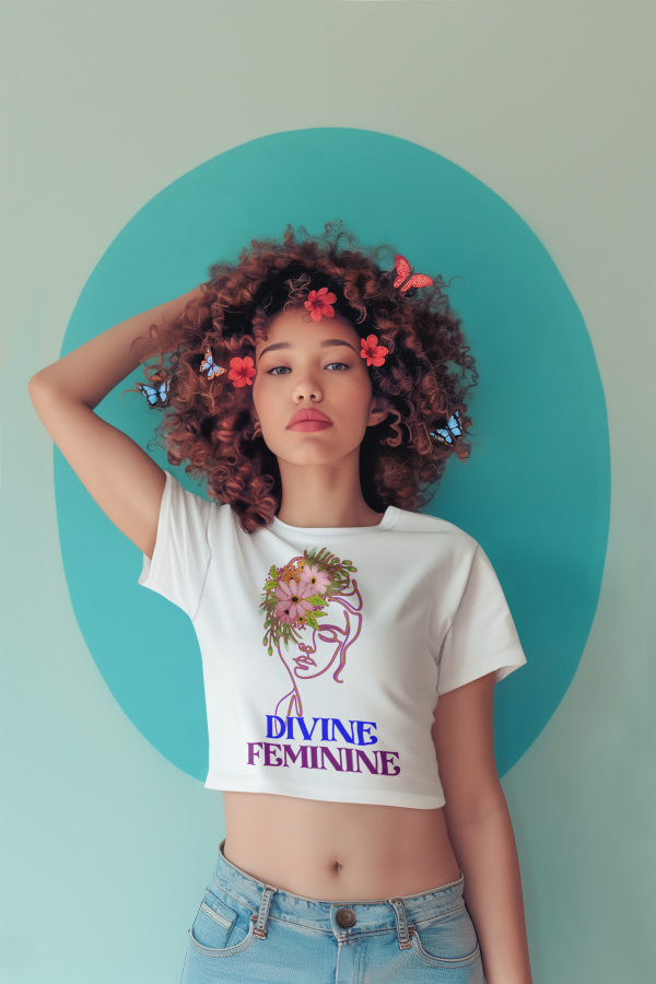 Divine Feminine T-shirt – A stylish cropped tee featuring an elegant floral line-art design, symbolizing feminine strength and beauty. Perfect for a modern, nature-inspired look. Available at PodLyft.