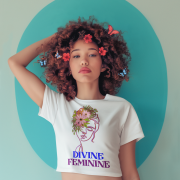 Divine Feminine T-shirt – A stylish cropped tee featuring an elegant floral line-art design, symbolizing feminine strength and beauty. Perfect for a modern, nature-inspired look. Available at PodLyft.