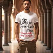 Fearless Statement Tee in White – A crisp and motivational t-shirt featuring 'Be a Fearless Person' and 'Step boldly, live fearless.' Perfect for everyday inspiration, available at PodLyft.