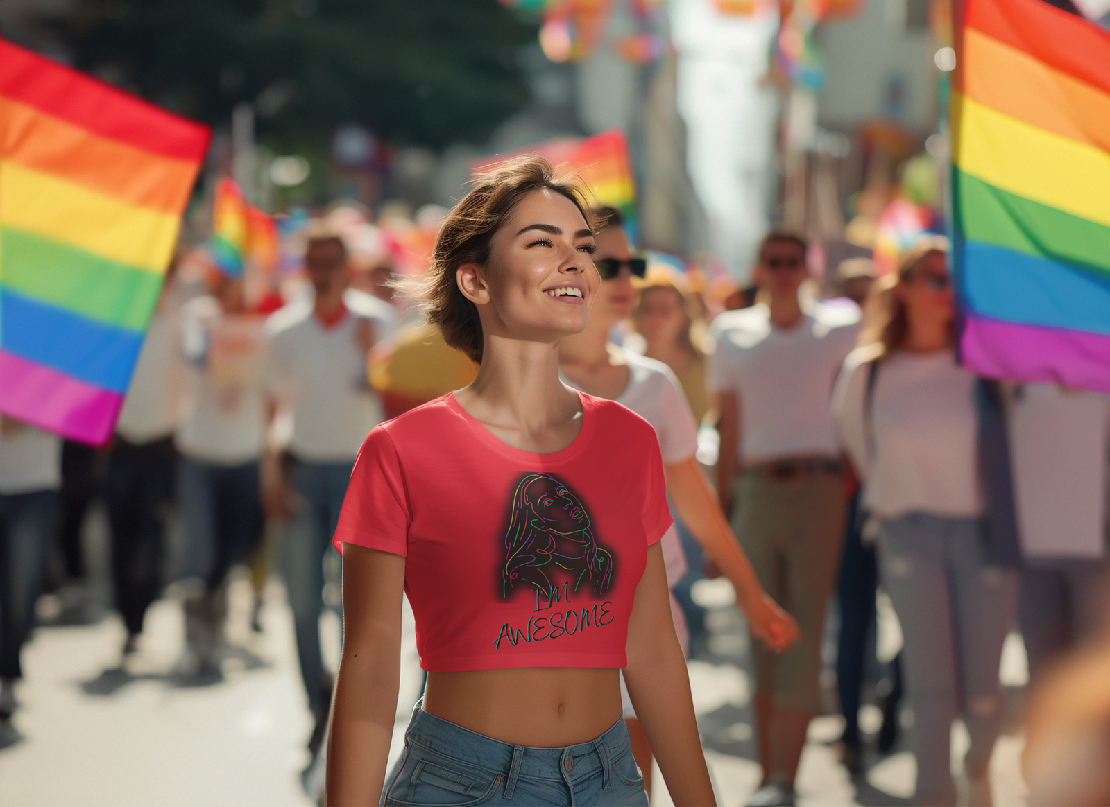 A joyful young woman wearing the I'm Awesome crop top in bold red, featuring a vibrant neon-style artistic design of a confident woman with stylish typography. She is walking confidently in a pride parade, surrounded by rainbow flags and a diverse crowd, radiating positivity and empowerment.