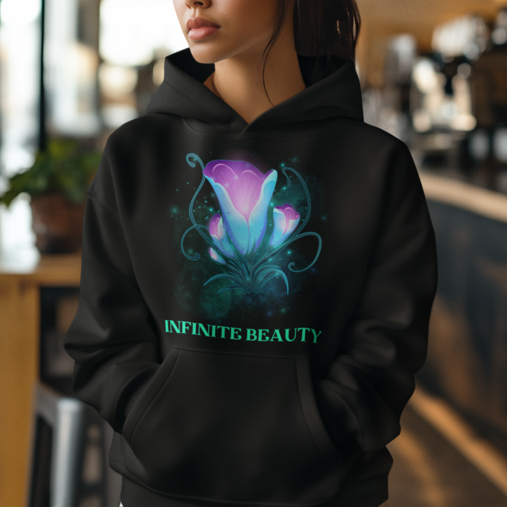Infinite Beauty Hoodie – Black Pullover with Glowing Floral Design | Mystical Bloom Aesthetic | Elegant & Stylish Women's Fashion | PodLyft