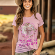 Baby Pink Inspirational Floral Tee showcasing a charming artistic woman and flowers, with the motivational message 'We Are All Wonderful.' Perfect for soft and feminine style lovers.