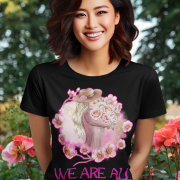 Inspirational Floral Tee in black, featuring a beautiful watercolor-style woman with flowers and the uplifting quote 'We Are All Wonderful.' Perfect for stylish and empowering fashion lovers.