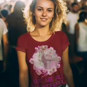 Maroon Inspirational Floral Tee with a beautiful woman and floral design, spreading positivity with 'We Are All Wonderful.' A rich and stylish fashion choice.