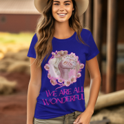 Navy Blue Inspirational Floral Tee showcasing a watercolor-style woman with flowers and the motivational quote 'We Are All Wonderful.' A sophisticated and empowering style.