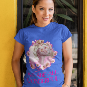 Royal Blue Inspirational Floral Tee with a stunning artistic woman and flowers, featuring the quote 'We Are All Wonderful.' A bold and fashionable choice for motivation lovers.
