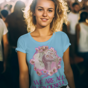 Sky Blue Inspirational Floral Tee with a dreamy watercolor-style woman and floral design, spreading positivity with 'We Are All Wonderful.' A must-have uplifting fashion piece.