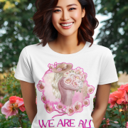 White Inspirational Floral Tee featuring a delicate watercolor-style woman and floral design, inspiring positivity with 'We Are All Wonderful.' A timeless and uplifting fashion choice.
