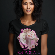 Inspirational Floral Tee featuring a watercolor-style design of a woman with long blonde hair holding pink flowers, surrounded by elegant floral elements and the uplifting quote 'We Are All Wonderful.' Perfect for those who love stylish and empowering fashion. Available at PodLyft