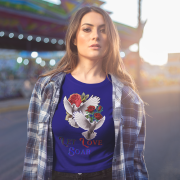 Let Love Soar Tee – Romantic Dove & Rose Design in Navy Blue by PodLyft." A deep navy blue tee with a striking dove and rose graphic. A powerful and stylish choice for expressing love and strength.