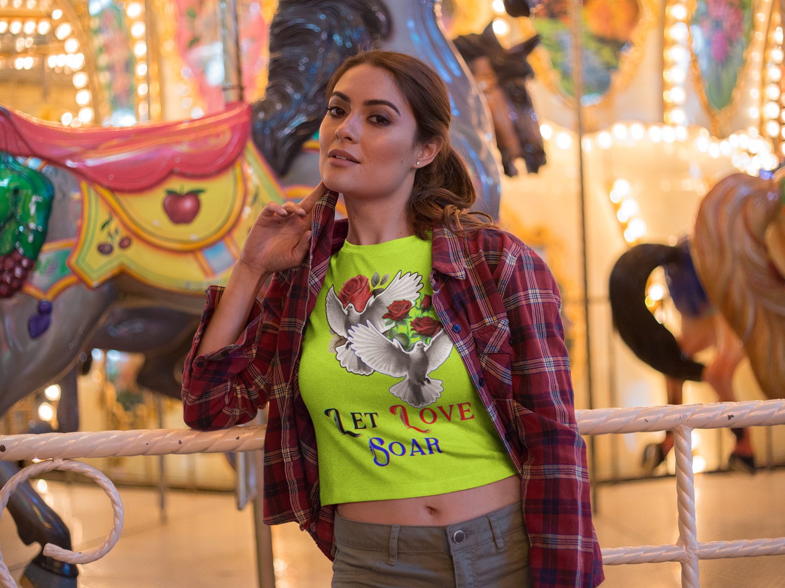 Let Love Soar Tee – Stylish Women's Crop Top in Golden Yellow by PodLyft. Featuring a beautiful dove and red rose design with an inspiring 'Let Love Soar' message, this trendy t-shirt is perfect for expressing love and positivity. Ideal for casual wear or gifting.