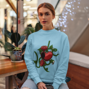 Love Heart Sweatshirt in soft baby blue, featuring a striking red heart intertwined with green vines, roses, and a serpent. A perfect blend of love and elegance. | PodLyft