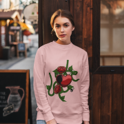Love Heart Sweatshirt in charming baby pink, with a bold red heart, lush green vines, roses, and a serpent. A delicate yet powerful fashion statement. | PodLyft.