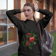 Love Heart Sweatshirt in classic black, featuring a bold red heart entwined with green vines, roses, and a serpent. A statement of love, strength, and beauty. | PodLyft
