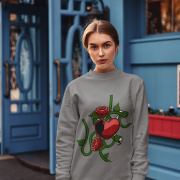 Love Heart Sweatshirt in sleek grey, adorned with a captivating red heart, green vines, roses, and a serpent—symbolizing love, strength, and beauty. | PodLyft