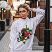 Love Heart Sweatshirt in soothing lavender, highlighted by a vivid red heart, intricate green vines, roses, and a serpent—representing love, beauty, and resilience. | PodLyft